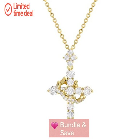 Moissanite Cross Pendant Necklace 14K Gold Vermeil 1.1 Carats Sterling Silver - Picture 2 of 8